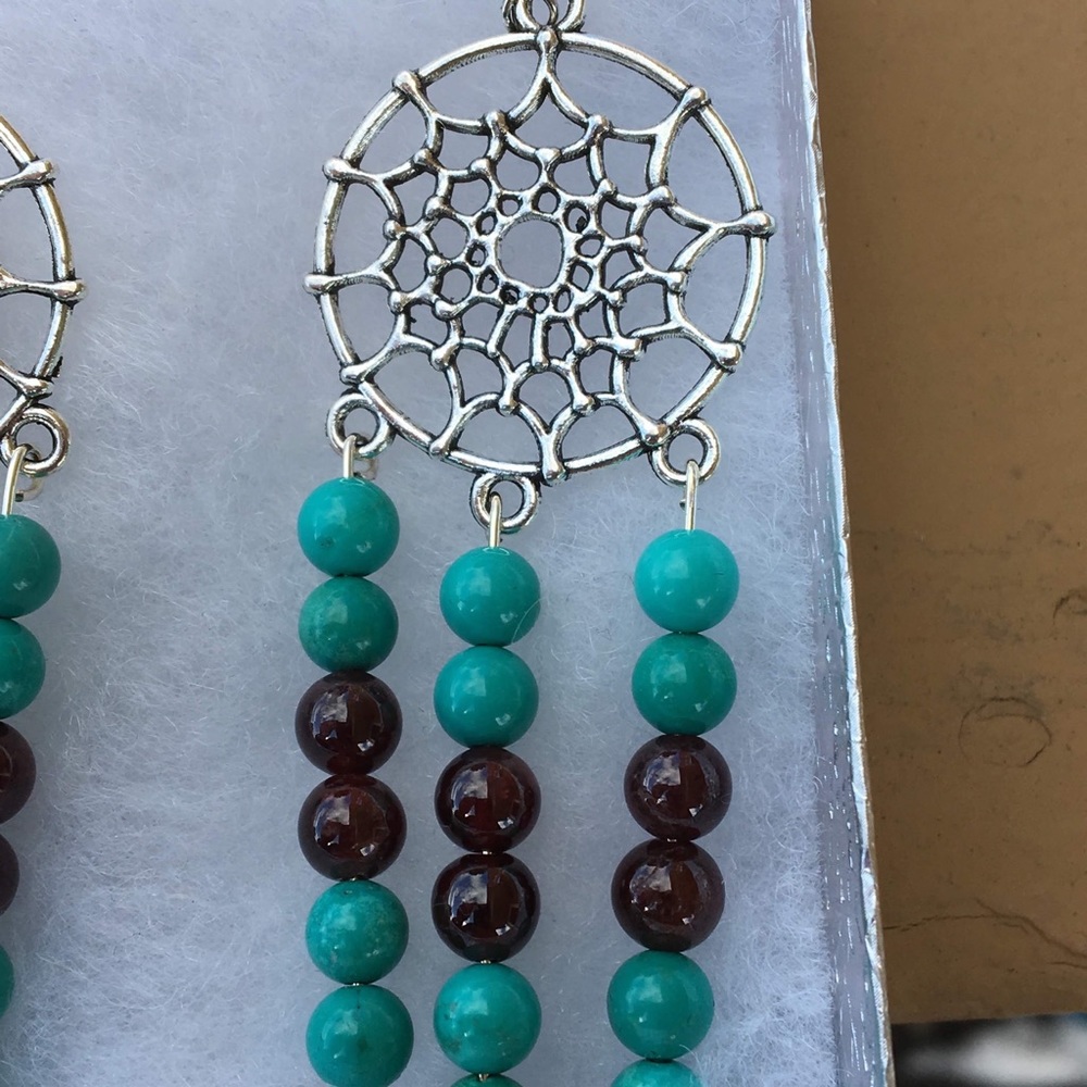 Turquoise Magnesite Garnet Dreamcatcher Earrings - Picture 4 of 8